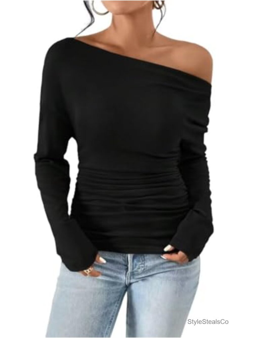 Off Shoulder Long Sleeve Tunic Top Cotton Blend Pullover Blouse
